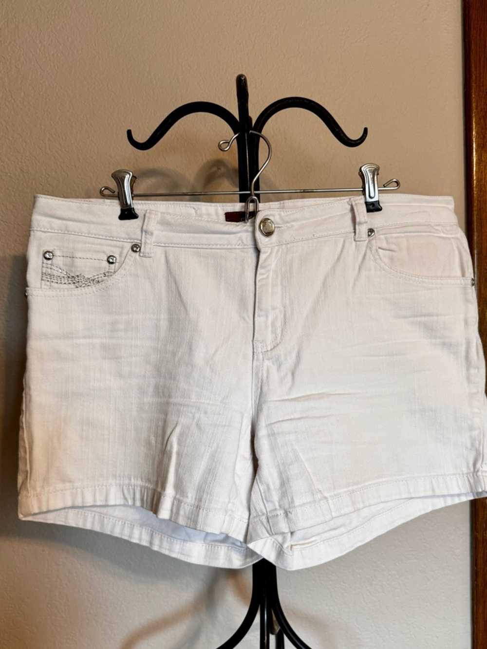 Women’s White Rhinestone Embellished Denim Shorts - 12